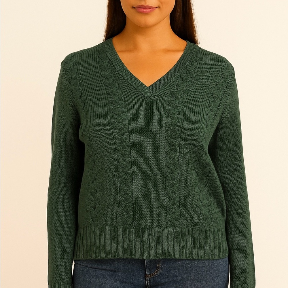 Forest Green Cable Knit Sweater 100% Wool Pullover Cozy Knit Preppy Medium